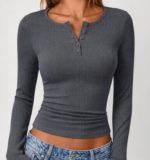 Women's Ribbed Henley Shirt Long Sleeve Casual Top