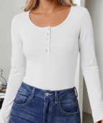 Women's Fleece Thermal Henley Shirt Long Sleeve Basic Tee