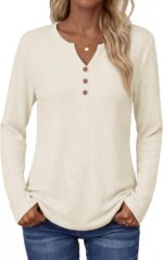Women's Waffle Knit Henley Shirt Long Sleeve V Neck Top - Image 2