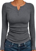 Women's Ribbed Henley Shirt Long Sleeve Casual Top - Image 2